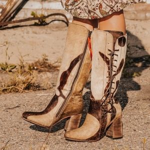 Freebirds Joaquin Tan Brown Calf Hair Knee Boots sz 8